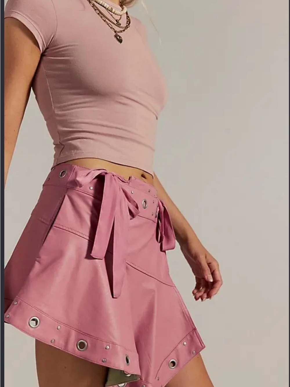 Free People Pink Leather Grommet Tie-Waist Skirt